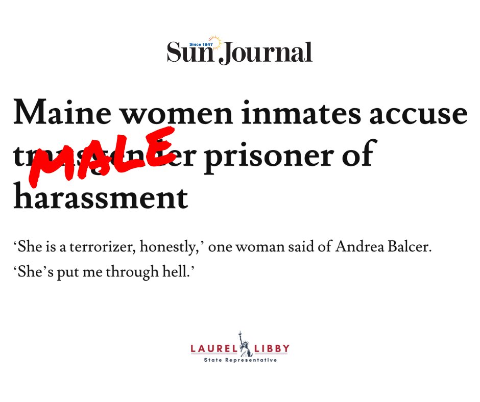 laurel_libby's tweet photo. 10 years ago, a man murdered his parents and dog, stabbing them to death in cold blood. Now, Andrew says he is a woman, and is being lodged in a women's prison, where MANY complaints have been filed against him for sexual harassment and assault.

"One recent evening at the Maine Correctional Center in Windham, Jennifer Albert awoke to a disturbing sight.

In the dimness of the six-person cell, an inmate she recognized as Andrea (Andrew) Balcer was pulling another inmate from her bed.

'She had the woman’s legs hanging over the bed and she was, like, kissing her thighs,' Albert said. 'She was trying to get her arms around her so she could pull her from the bed.'

Albert believes it was not consensual...

According to several inmates, at least six women — and perhaps as many as 11 — have filed complaints against Balcer since she arrived, but they said it has gotten them nowhere."

6'1" and 310 pounds.

Being housed with women, and given free rein to terrorize.

Recently @TheMaineWire published a letter written by one of those female inmates, Katie Mountain, detailing the harassment she faced.

On Thursday, I attempted to read that letter into the record on the House floor, and was not allowed to, by Speaker Ryan Fecteau.

THIS is the natural outcome of a radical ideology that asserts that you can change your gender, which is why @GovJanetMills and the Democrat majority want to sweep it under the rug.

Women and girls in Maine are being erased, pushed aside, ignored, harassed, and attacked, thanks to this radical agenda.

Today is International Women's Day, and women's rights in Maine have never been more under attack.

Happy Women's History Month, courtesy of Janet Mills and Ryan Fecteau.

Read more from the @sunjournal : https://t.co/Md1oaqisvd