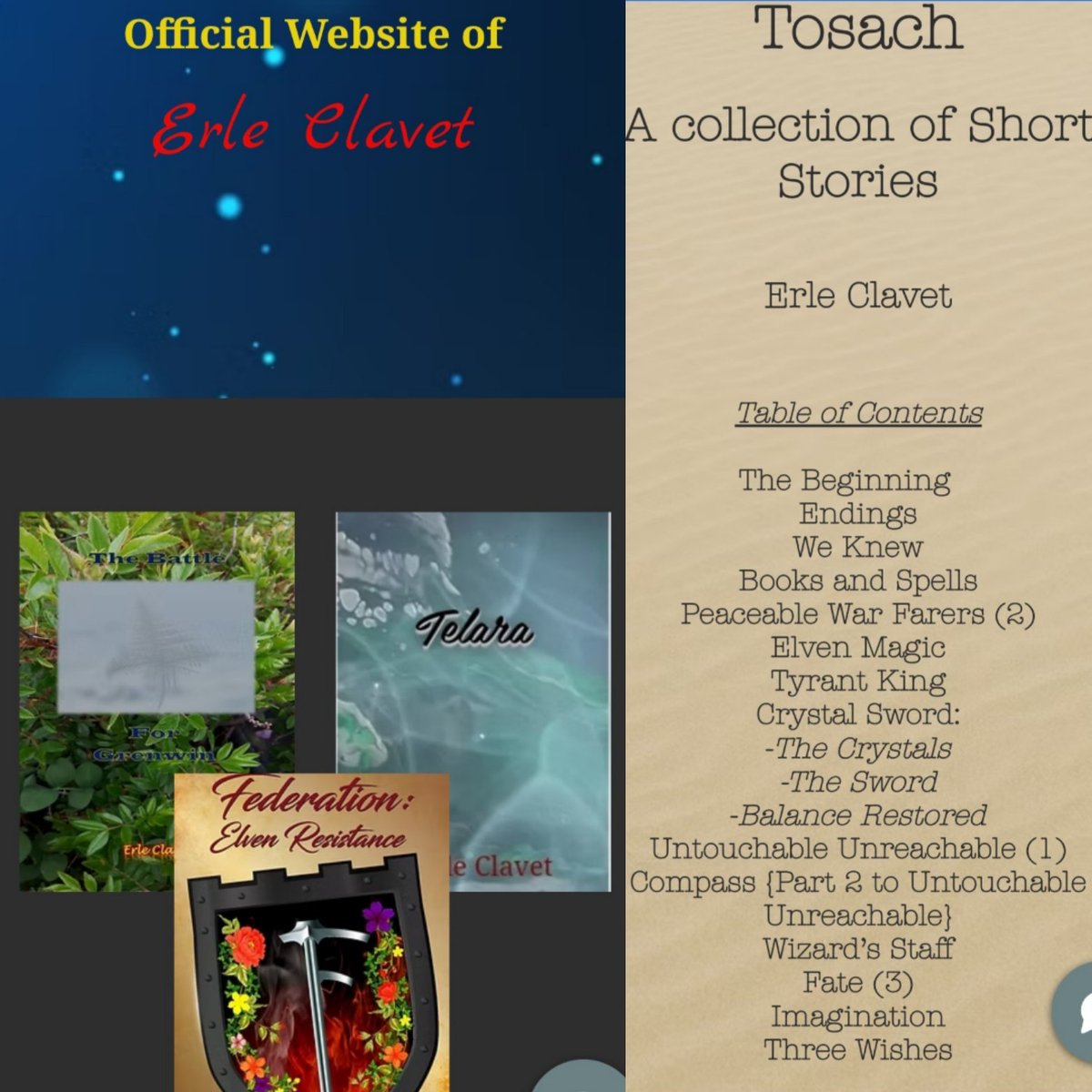 ErleClavet's tweet image. Curious about my writing style? My website has my collection of short stories on it for free.

erleclavet1.wixsite.com/erle-creativew…

Also, I'll be adding a fourth book to my published works later this year.

#epicfantasyauthor
#creativewriter
#epicfantasy #fantasybooks