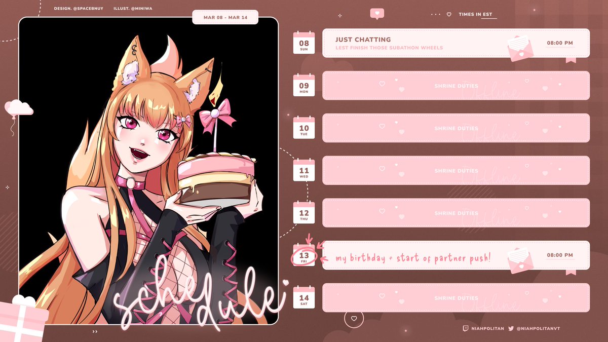 ‿︵ʚ˚̣̣̣͙ɞ SCHEDULE TIME ʚ˚̣̣̣͙ɞ‿︵ 
BIRTHDAY WEEK
🍨finishing up last subathons wheels
🍨BIRTHDAY STREAM!!!! showing off my 2.0 design, and starting the partner push!!!

#Vtuber / #ENVtuber
