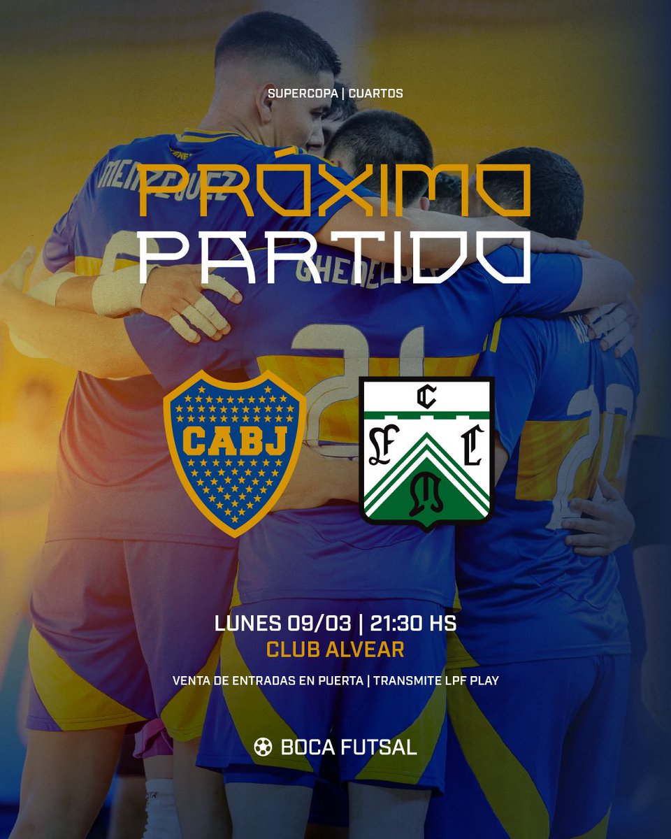 🔜 ¡𝗣𝗥𝗢́𝗫𝗜𝗠𝗢 𝗣𝗔𝗥𝗧𝗜𝗗𝗢!

👉 #Supercopa
⚽️ vs. Ferro 
🗓️ Lunes 09/03
🕔 21:30 Horas
🏟️ Club Alvear
🎫 Entrada: $7000 (Venta en puerta) 
📺 Transmite: LPF PLAY 

#BocaFutsal 🔵🟡🔵