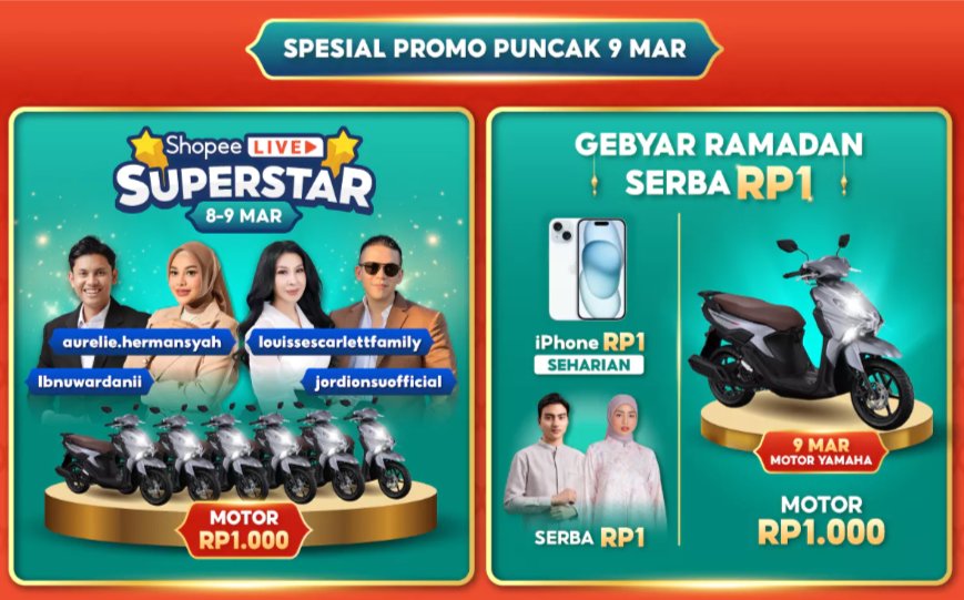 ramadan tahun ini kayaknya paling seru sih, masa ada motor seribu rupiah sama iphone Rp1 seharian. dari kemarin udah banyak yang siap ikut war juga #PromoPuncakShopee9Maret