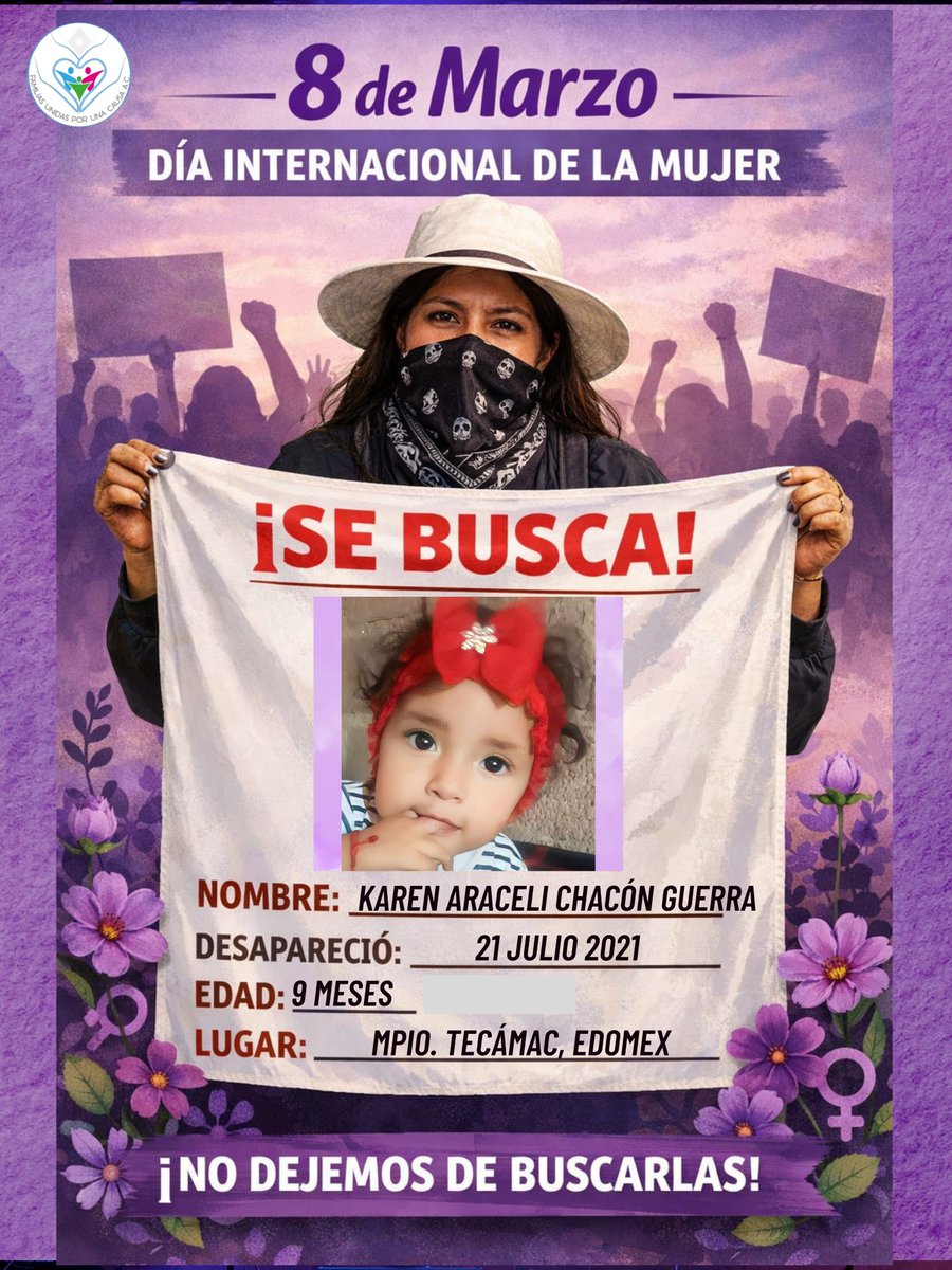 #8M #DiaInternacionalDeLaMujerHoy  
Alzamos la voz por todas las niñas, niños por sus derechos... y también por aquellas que hoy no están en casa. 
¡TE ESTAMOS BUSCANDO! 
Karen Araceli Chacón Guerra 

¡VIVAS SE LAS LLEVARON, VIVAS LAS QUEREMOS!