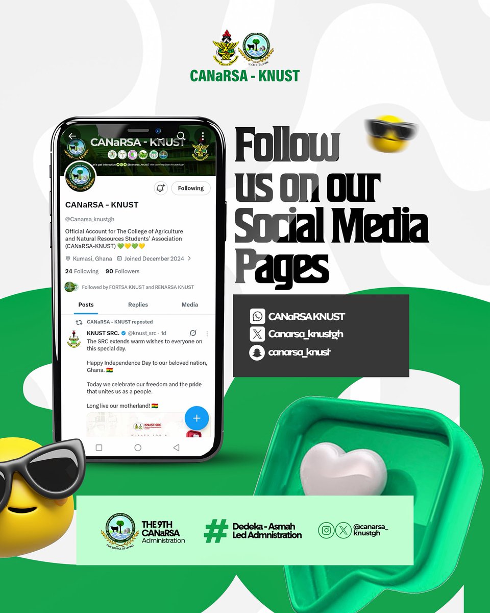 Stay connected with CANaRSA–KNUST
Follow our official social media platforms and be part of the conversation.

📱 WhatsApp: CANaRSAKNUST
whatsapp.com/channel/0029Vb…

👻 Snapchat : canarsa_knust
snapchat.com/t/4lHzLwo8

📢 For business advertisements or promotions on our Snapchat dm