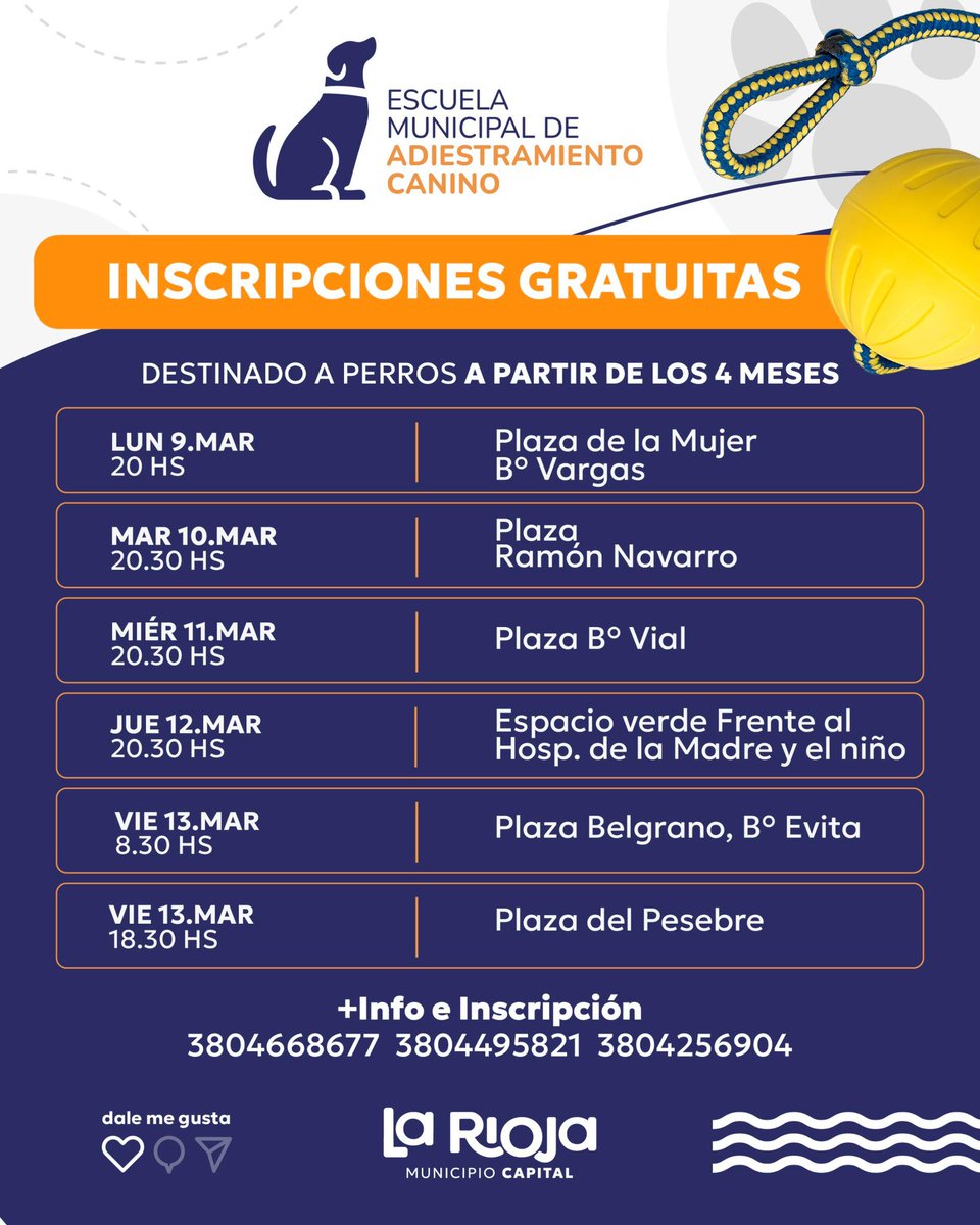 🐾 ¡Inscripciones Gratuitas: Escuela de Adiestramiento Canino! 🦴
Si tu perro tiene más de 4 meses, sumalo a las clases del Municipio Capital. Estaremos inscribiendo del 9 al 13 de marzo en distintas plazas de la ciudad (Vargas, Ramón Navarro, B° Vial, B° Evita y más).