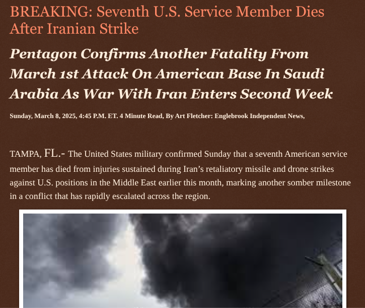 ArtFletcher9's tweet photo. BREAKING: Seventh U.S. Service Member Dies After Iranian Strike https://t.co/6K1taZx0Aw via @Englebrooknews #WashingtonDC #CENTCOM #Seventh #USService #member #dies #injuries #saudiArabia #USBase #Iran #drone #missile #strike @wireless_step @HRG_Media @LodiNJNews @Fordmb1953 @SarahGeving1 @Shannon96574094 @Daytobehappy @janninereid1 @gator4kb18 @MichelleF_35 @KathyKbrose @RobGerundo @JimBobW49