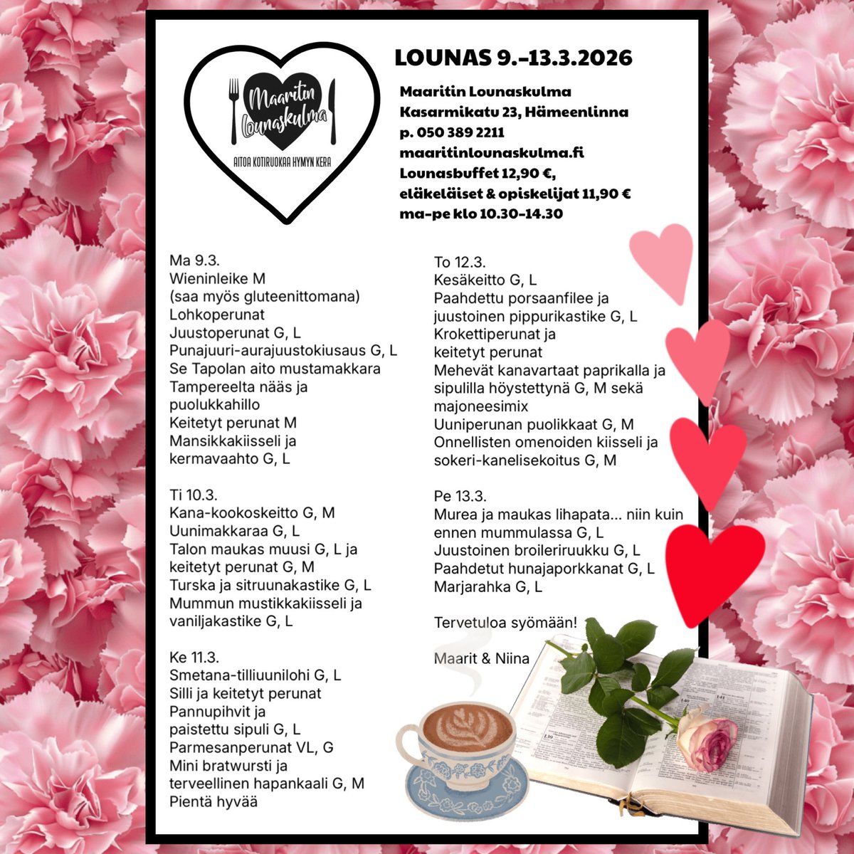 M_Lounaskulma's tweet photo. Tervetuloa lounaalle Maaritin Lounaskulmaan 9.–13.3.2026, Kasarmikatu 23, Hämeenlinna. https://t.co/pTJFRDoNsL 💖☀️💐#Hämeenlinna #lounas #ravintola #lounasravintola #Hämpton #visithämeenlinna #menot https://t.co/gaoGVVBbzY