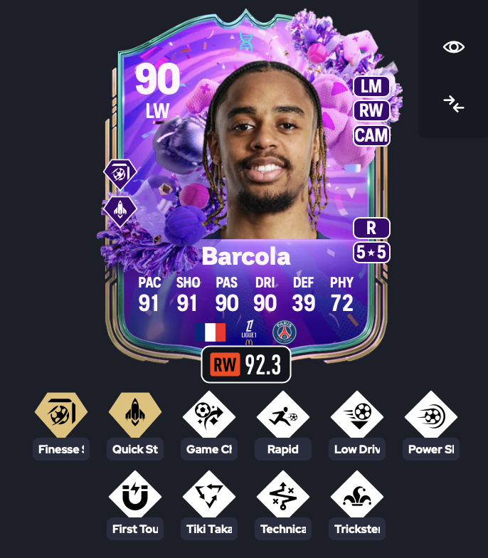 FC26EvoLegend's tweet photo. Name: Bradley Barcola
Club: Paris SG
Nation: France
League: Ligue 1 McDonald's
Position: LW/LM/RW/CAM

Evo amount: 10
Match amount: 18 matches
Total price: 90.000 coins – 600 points

(Stats and chain are listed below)

Follow @FC26EvoLegend for more evos
#FC26 #EVO #EvoLegend https://t.co/7gTPUOxvQ9