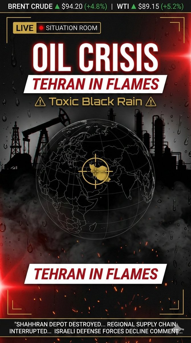 PetroSnipers's tweet photo. 🚨 OIL CRISIS: TEHRAN REFINERIES IN FLAMES! 🇮🇷🔥
Israeli/U.S. strikes have hit the Shahran depot and Tehran refinery, triggering toxic "Black Rain" over the capital.
Market Impact:
🛢️ Brent Crude: Surging past $115/bbl as the Strait of Hormuz stays closed.
#IranWar https://t.co/ImyXxMPguY