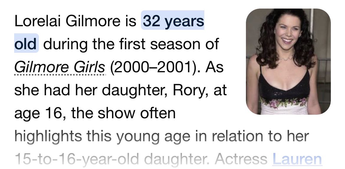 acabei de perceber que eu tenho a mesma idade da lorelai mãe na 1a temporada de gilmore girls