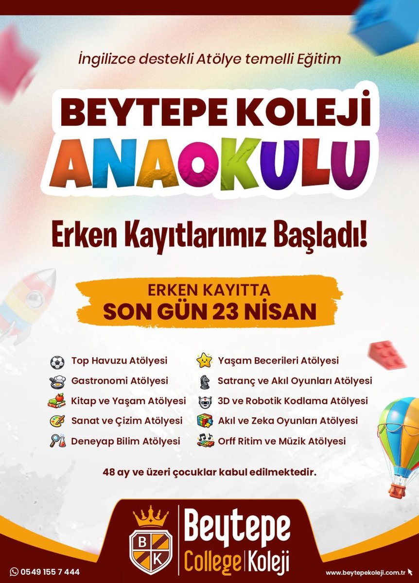 kolejbeytepe's tweet photo. İngilizce destekli Atölye temelli Eğitim anlayışımızla “İYİ BİR GELECEK” için doğru temelleri birlikte atalım…

ERKEN KAYITTA SON GÜN -23 NİSAN-

Görüşme ve Kayıt için👇
#BeytepeKoleji Kampüsümüze bekliyoruz.

#Malatya #Eğitim https://t.co/qZAuiLVMOh