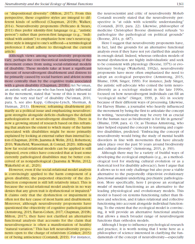 JDHaltigan's tweet photo. The "neurodiversity" movement is a political project first &amp; foremost. Moreover, they want it both ways: to 'depathologize' yet retain a 'psychopathological essence' to the atypicality. It's incoherent. Circular. https://t.co/mjkjxUYyr7