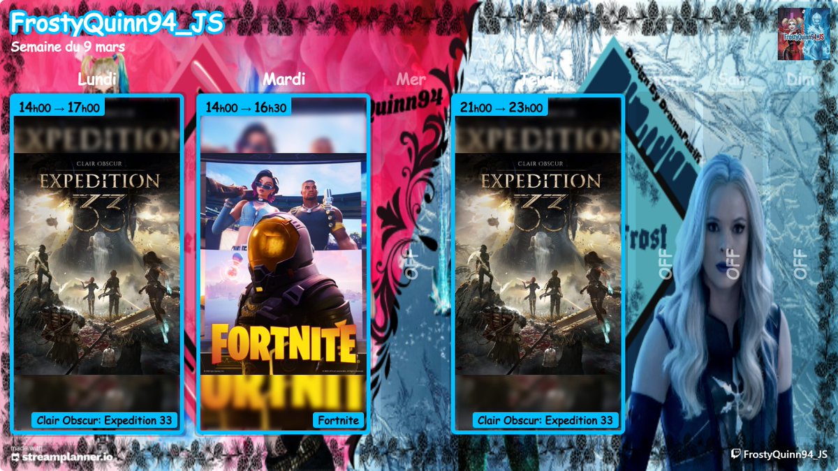 FrostyQuinn94's tweet photo. Hello guys voici le programme la semaine :  

-> Lundi 9 mars | 14h – 17h : #ClairObscur  
-> Mardi 10 mars | 14h – 16h30 : #Fortnite  
-> Jeudi 12 mars | 21h – 23h : #ClairObscur  

https://t.co/AaBtxTZuQ3
#streamer #twitch #TENF #StreamTogether