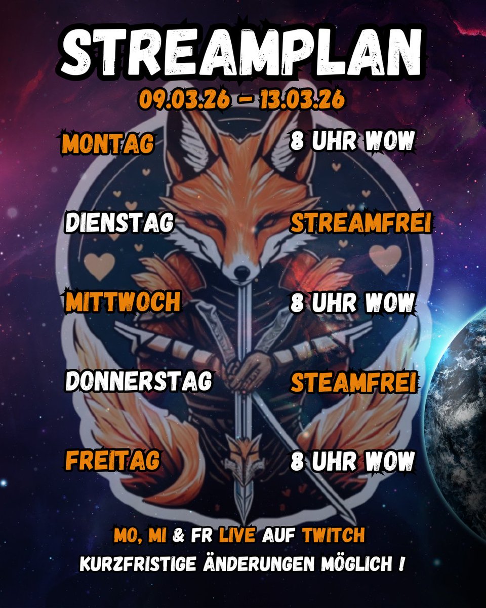 Der Plan für die Woche steht! 🦊⚔️
Ich stürze mich Montag, Mittwoch und Freitag jeweils ab 08:00 Uhr in die Welt von Warcraft. Seid dabei, wenn wir Azeroth unsicher machen! 🛡️☕️
Hier geht's zum Stream:
👉 twitch.tv/ChaosSchmiddi 
#WoW #TwitchDE #Streamplan #WorldOfWarcraft