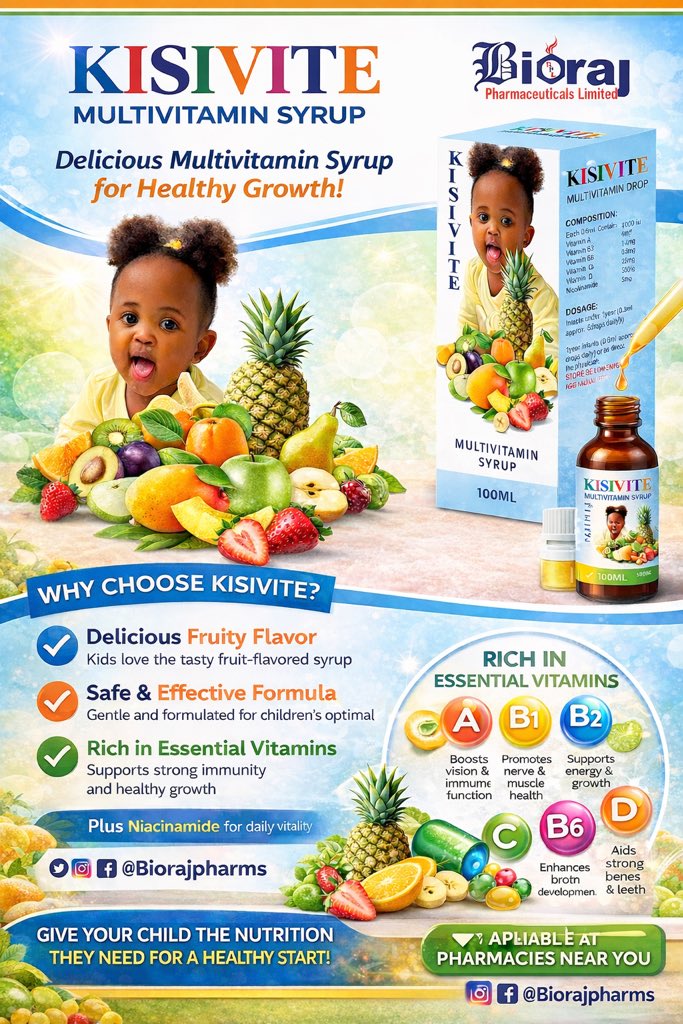 biorajpharms's tweet photo. Give your child the healthy start they deserve with Kisivite Multivitamin Syrup! 🍍🍊 Packed with essential vitamins and a delicious fruity taste kids love, Kisivite supports healthy growth…
#Kisivite
#HealthyGrowth
#KidsNutrition
#BiorajPharmaceuticals
#ChildHealth https://t.co/d6psPYgErT