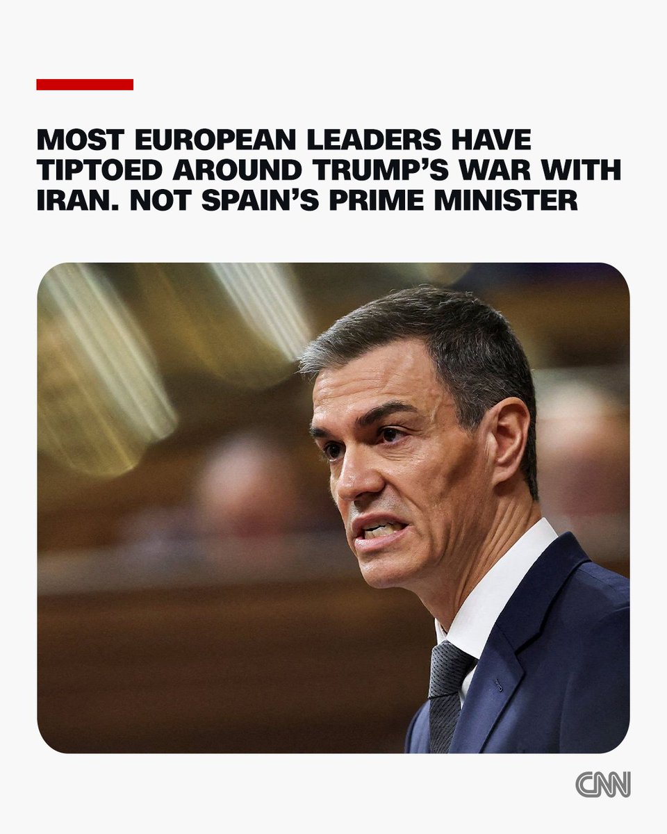 cnni's tweet photo. Most European leaders have trodden a fine line between offering limited support for US military action against Iran and warning of a regional conflagration.

Not Spanish Prime Minister Pedro Sánchez. He has been outspoken in his criticism of US strikes, provoking anger and threats from the White House. But rather than back down, Sánchez and his government have doubled down. https://t.co/kCh2UXZwjy