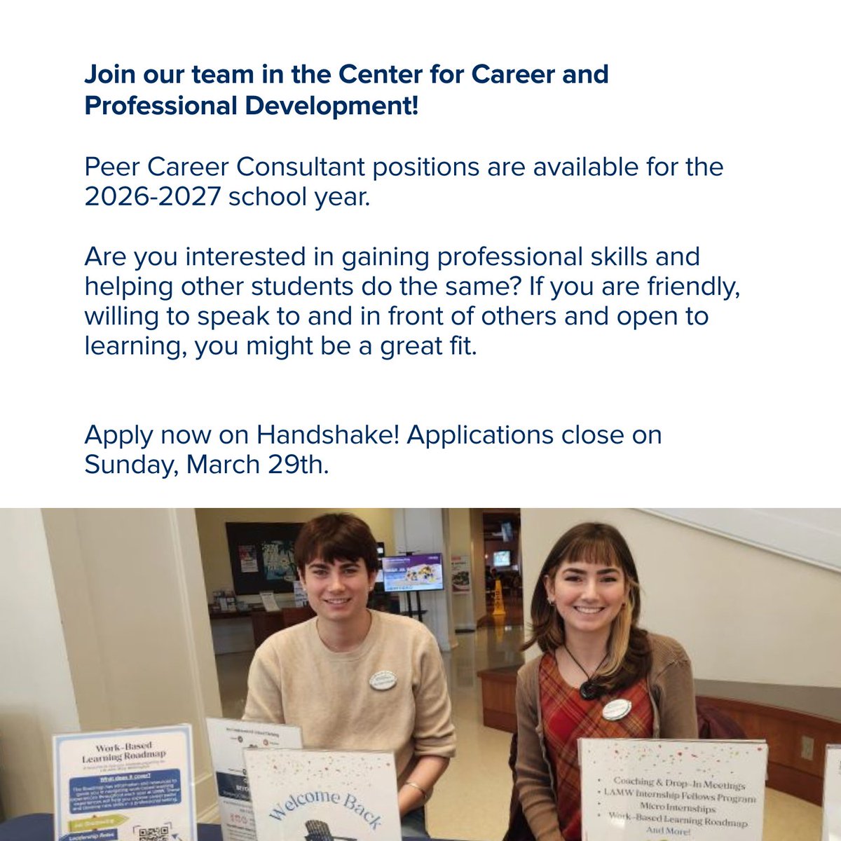 UMW_CCPD's tweet photo. The CCPD is hiring student employees for next year! If you don't have expertise in resumes, cover letters, LinkedIn and Handshake--don't worry-- we will train you! Applications close March 29th.

Email Mary Becelia at mbecelia@umw.edu with questions. https://t.co/wunaPHbEqd