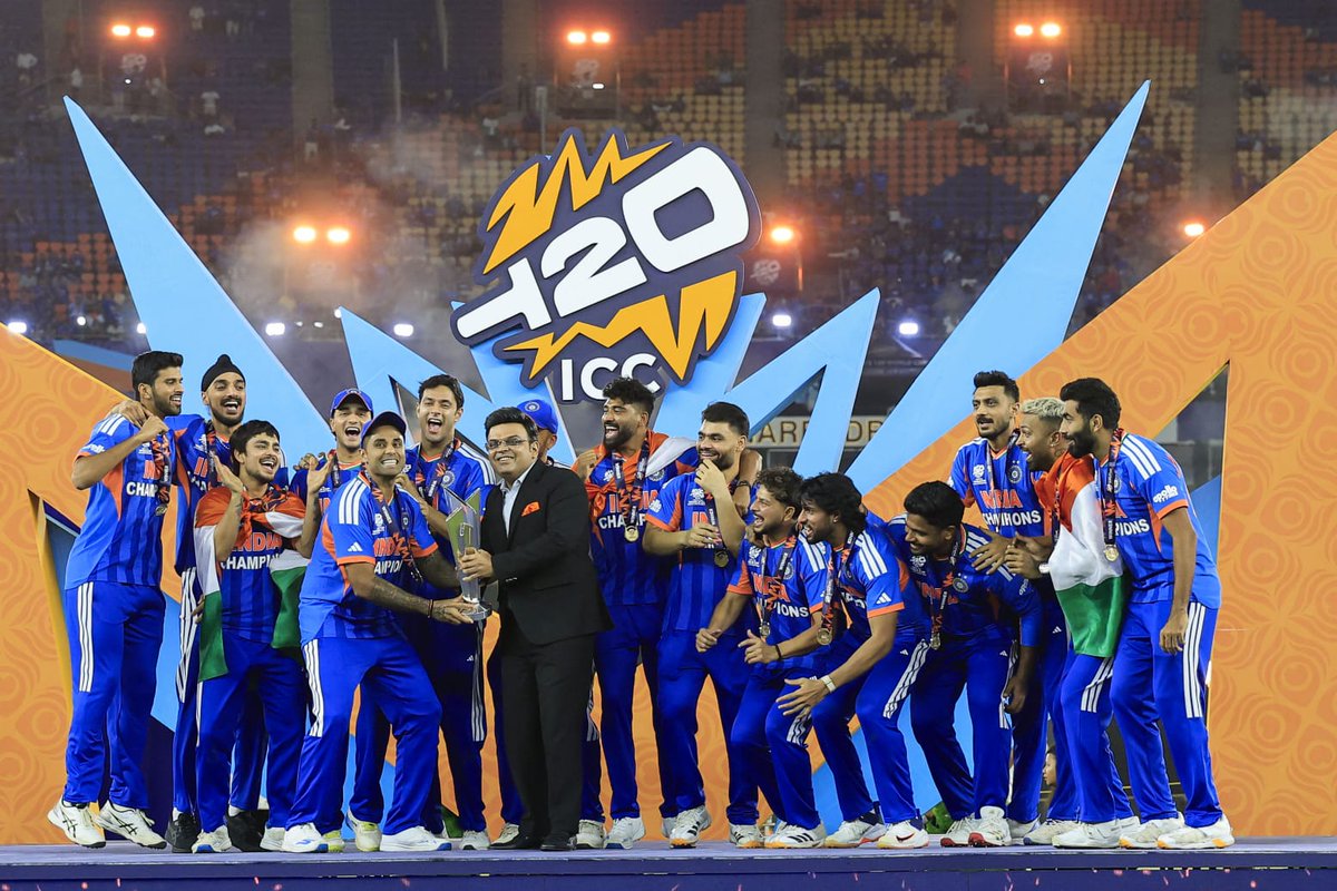 lonsaikia's tweet photo. History created, history rewritten. 
Nation celebrates this historic triumph of Team India that successfully defended our T20 World Cup. Heartiest congratulations& Hats off to Skipper Suryakumar Yadav ,  Head Coach Gautam Gambhir & each member of  Team India for their fearless brand of cricket & never say die attitude. Two back-to-back ICC T20 WC  is a phenomenal, unprecedented achivement which proves India's sheer dominance in world cricket. JAI HIND