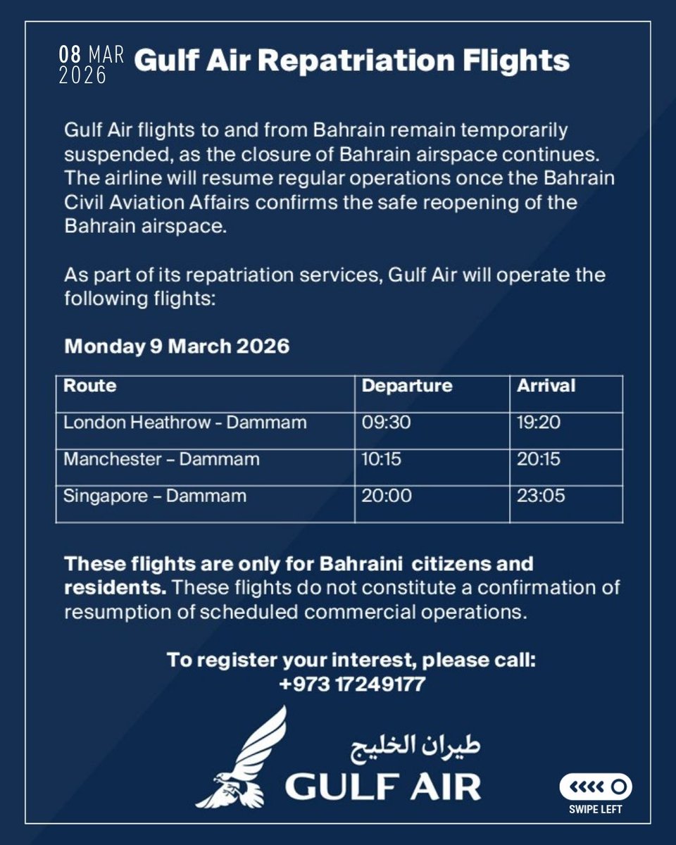 newsofbahrain's tweet image. IMPORTANT | Gulf Air has confirmed that, amid the ongoing closure of Bahrain airspace, it will operate repatriation flights to Dammam for Bahraini citizens and residents.
#NewsofBahrain #news #Bahrain #Manama
