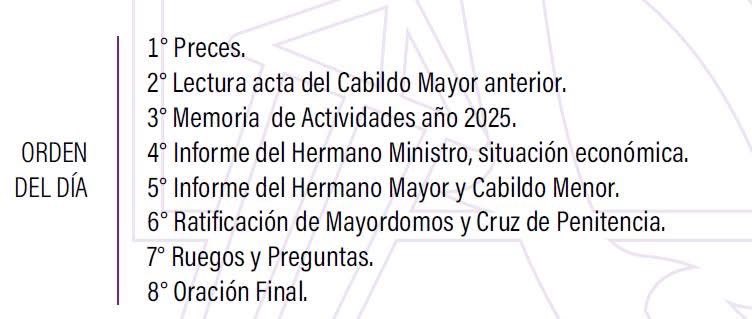 Actualidad 2026  ⚪️ 🟣  Cabildo Mayor Ordinario 2026

Se celebrará el próximo martes 10 de Marzo a las 20:00 horas en primera convocatoria, en segunda convocatoria a las 20:15 horas en el Museo Etnográfico (C/Corral Pintado)

#365diashermandad
#christusyacens
#jesusyacentezamora