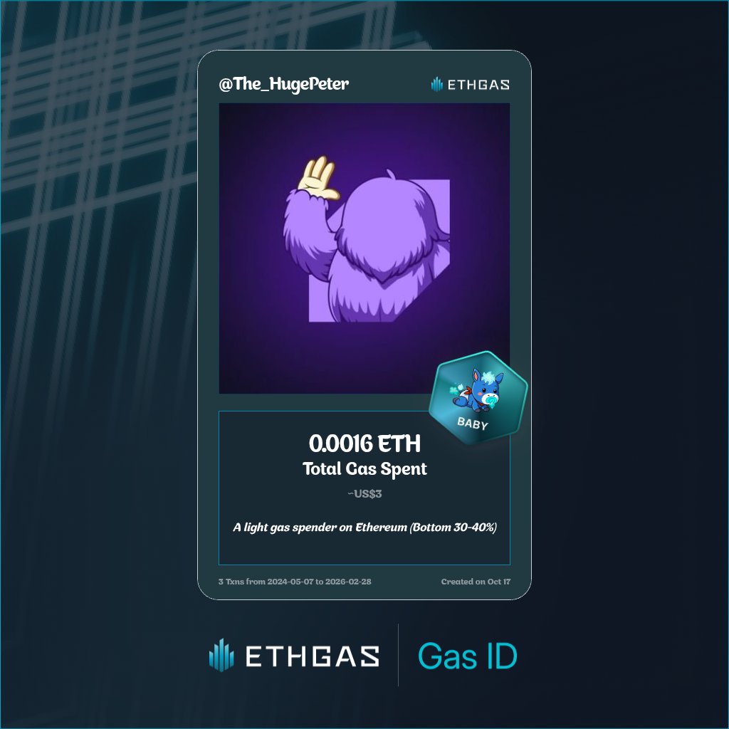 Leveled up in the Great Gas Reckoning with ETHGas! 💪

Baby Jack status: 0.0016 ETH gas spent, 1 Beans earned—supporting the Gasless Future!

Claim your Gas ID at ethgas.com/community/gas-…