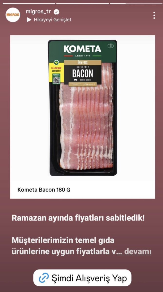 Migros'un Instagram'da sponsorlu olarak "Ramazan ayında fiyatları sabitledik!" ifadesiyle domuz içerikli ürün reklamı yaptığı ortaya çıktı.
<a href="/Migros_Turkiye/">Migros Türkiye</a>