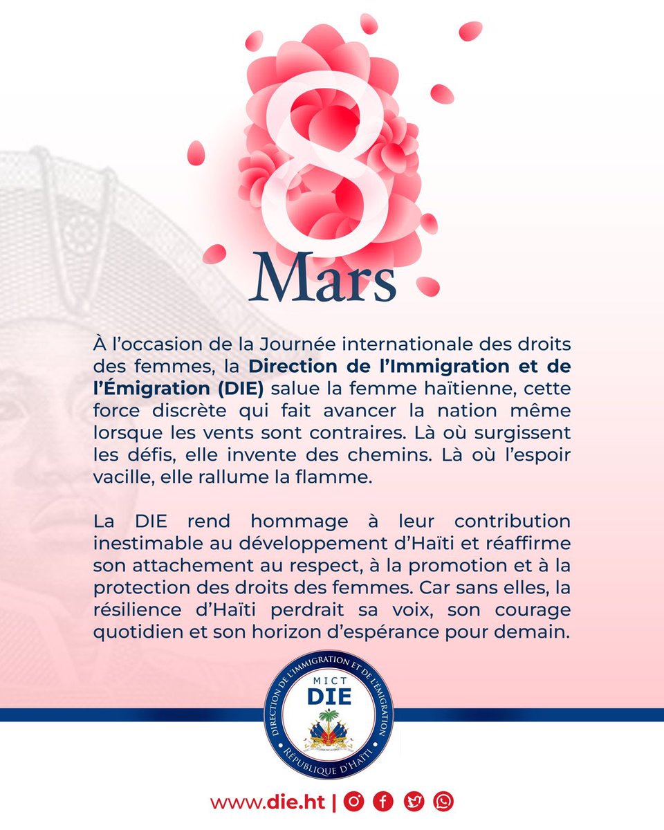 La DIE rend hommage à la femme haïtienne.
#8Mars
#DroitsDesFemmes
#FemmeHaïtienne
#Haiti
#DIE