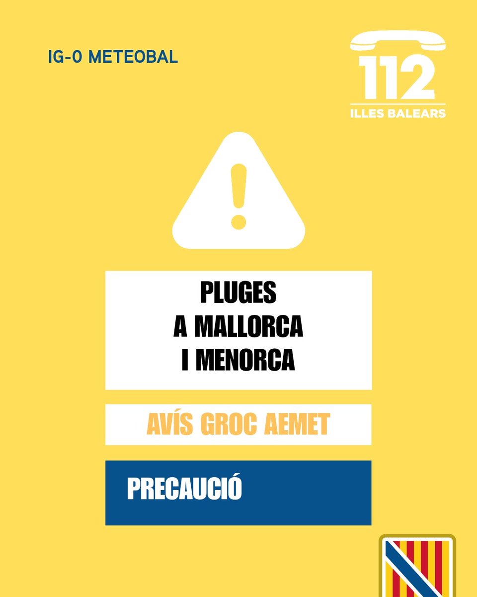 Emergencies_112's tweet photo. ⚠️ Actualització d’alertes per meteorologia adversa 🌧️

🟡 Alerta groga activada (IG-0 del Pla Meteobal) per pluges 🌧️ a Mallorca i Menorca.

👉 Us demanam precaució durant les pròximes hores, que seguiu les recomanacions de seguretat i que telefoneu a l'112 📞 en cas d’emergència.

ℹ️ Podeu consultar els avisos actualitzats per hores al canal oficial d’@AEMET_Baleares.
➡️https://t.co/96JG9mZCVN