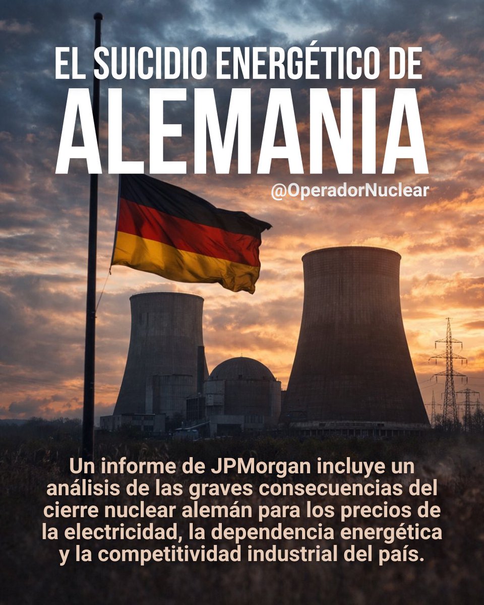 OperadorNuclear's tweet photo. En un reciente informe de @jpmorgan, 'Eye on the Market: Fighting Words', se introduce un término alemán que describe bastante bien el debate energético actual en Alemania: Entscheidungsreue.

La palabra significa literalmente «arrepentimiento por una decisión», y el informe la utiliza para referirse a las declaraciones del actual canciller alemán, Friedrich Merz, quien en enero reconoció que el cierre de las centrales nucleares fue un «grave error estratégico».

Merz lo expresó con claridad: «Estamos llevando a cabo la transición energética más cara del mundo; no conozco ningún otro país que haga las cosas tan caras y difíciles como Alemania».

Y añadió otra reflexión que revela hasta qué punto el problema es económico: «Para volver a tener precios de mercado aceptables para la producción de energía, tendríamos que subvencionar permanentemente los precios de la energía con cargo al presupuesto federal. No podemos hacer eso a largo plazo».

El informe señala que Alemania podría reactivar algunos de los reactores cerrados, pero el coste no sería menor. Según el análisis citado de Radiant Energy Group, reiniciar los reactores alemanes clasificados como Class 2 podría costar entre 1.000 y 3.000 millones de dólares por unidad.

Las consecuencias del cierre nuclear también aparecen cuantificadas. Una estimación realizada en 2024 indica que si Alemania no hubiera cerrado su parque nuclear tras el accidente de Fukushima habría necesitado 50 % menos generación eléctrica con combustibles fósiles, 84 % menos generación a partir de gas natural importado y 42 % menos capacidad de generación con gas natural.

El impacto también se refleja en los precios. Según el mismo análisis, la electricidad en Alemania en 2024 fue casi un 25 % más cara de lo que habría sido si las centrales nucleares hubieran seguido funcionando.

Además, el país ha pasado a depender más de la electricidad exterior. Las importaciones eléctricas son hoy el doble que hace una década en relación con el consumo nacional. Las consecuencias industriales también son significativas. En 2024 los precios de la electricidad para la industria alemana fueron tres veces más altos que en Estados Unidos y China, una de las razones que el informe vincula con el proceso de desindustrialización que está experimentando la economía alemana.

https://t.co/y1WzcknVE1