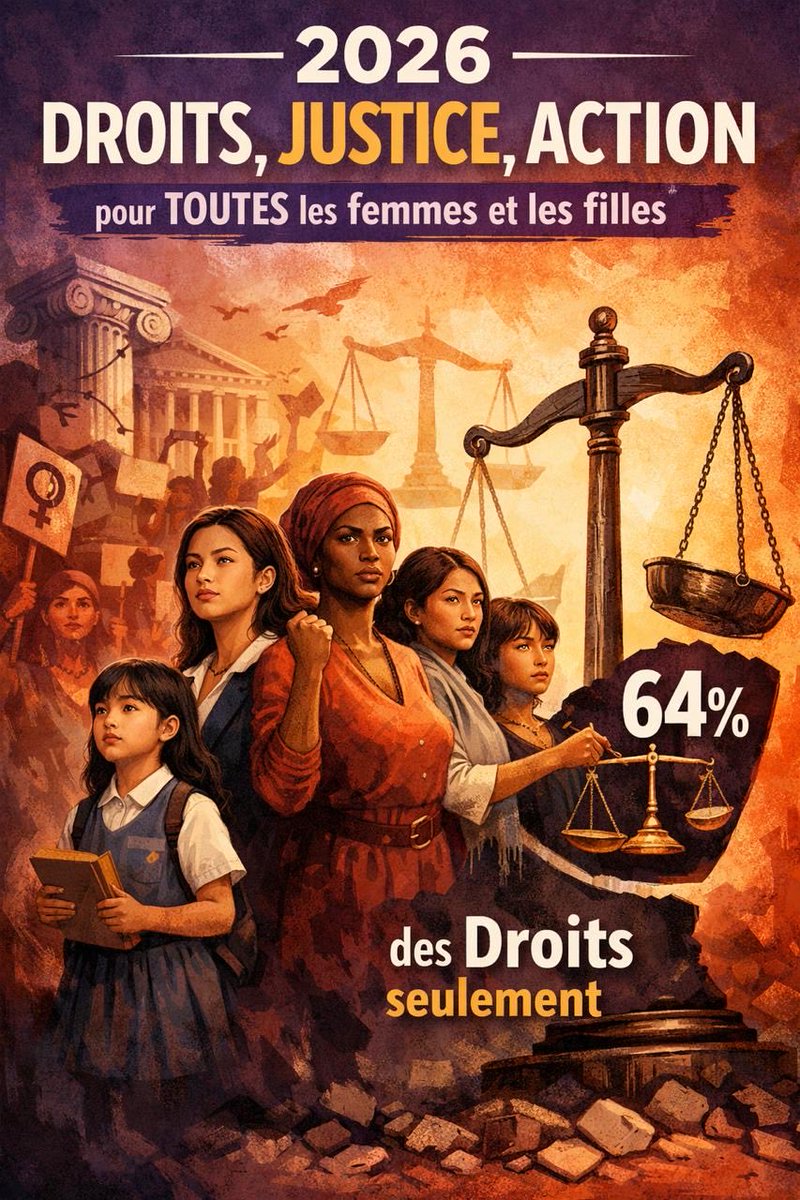 En 2026, le thème « Droits, Justice, Action pour TOUTES les femmes et les filles » rappelle une réalité alarmante :
Les femmes ne bénéficient encore que de 64 % des droits juridiques accordés aux hommes dans le monde.
L'égalité ne peut plus attendre.
Agissons maintenant.