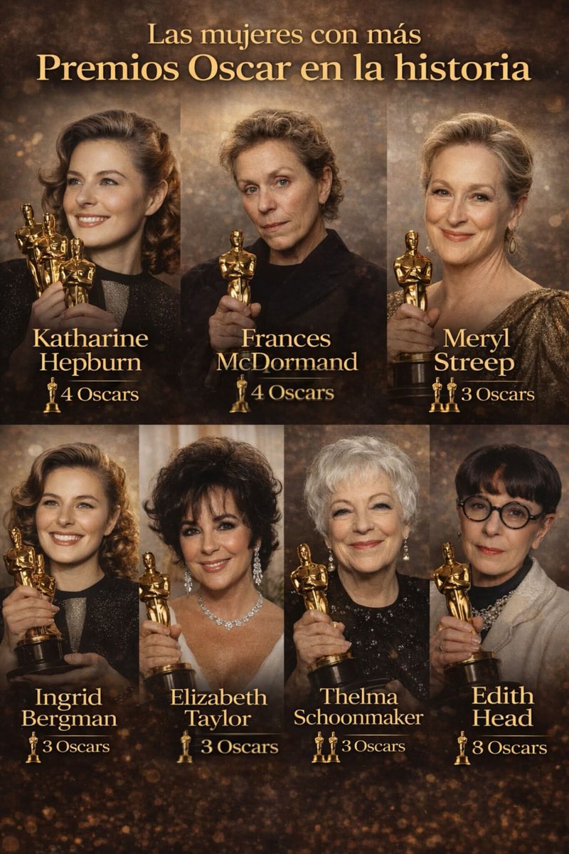 Mujeres con + #Oscars       de la historia

(4) Katharine Hepburn
(4) Frances McDormand
(3) Meryl Streep
(3) Ingrid Bergman
(3) Elizabeth Taylor
(3) Thelma Schoonmaker, a Mejor Montaje
(8) Edith Head, a diseño de vestuario

#cine #oscar