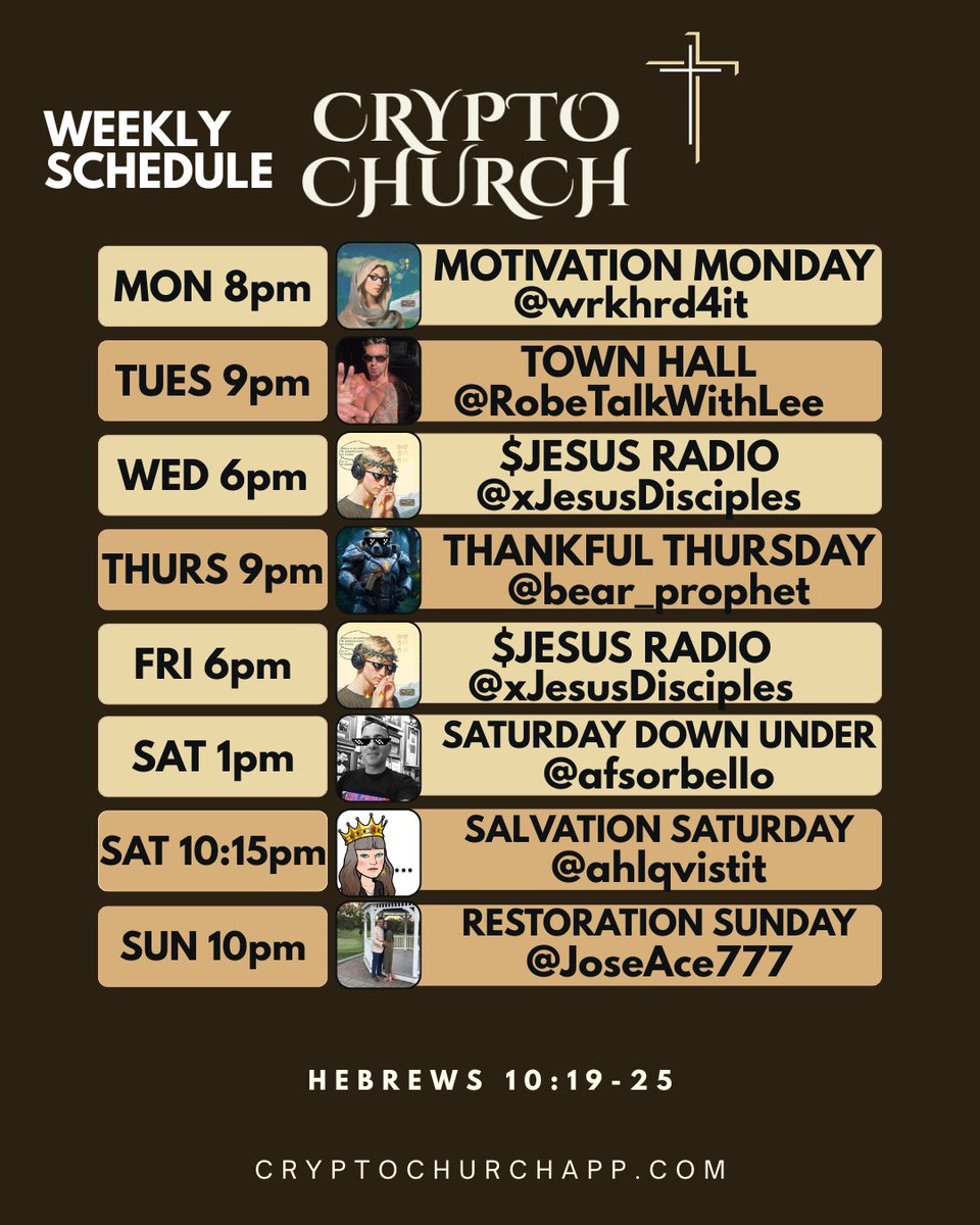 Crypto Church | Weekly Schedule   

Join "The Disciples" community on X for easy access to space links.  ALL ARE WELCOME 🙏 

X Admin:
@CastingCoins
<a href="/WrkHrd4it/">𝚁𝚒𝚝𝚊 🙏‧₊˚</a>

$Jesus CTO Twitter:
<a href="/JesusCoinMain/">Jesus Coin</a> 

Crypto Church App:
<a href="/CryptoChurchApp/">CryptoChurch App</a> 
cryptochurchapp.com