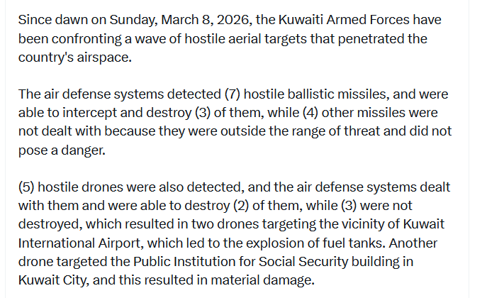 lookner's tweet photo. Interesting -- Kuwait says it detected five Iranian drones yesterday but was only able to destroy two (two hit the fuel tanks at Kuwait International Airport and another hit the social security building) https://t.co/eySXPxPHWD