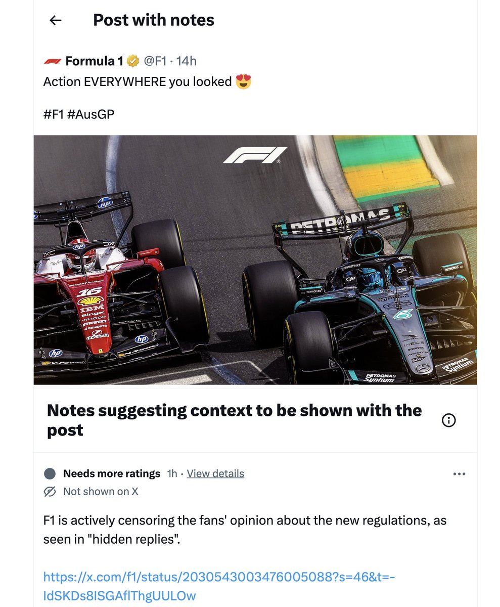 🚨 Formula 1 has become the new North Korea.
Stefano Domenicali not only wants to silence the drivers, but also the fans. 

More than a thousand fan replies to today’s race have been censored and hidden. 

Community Notes already working to expose them.