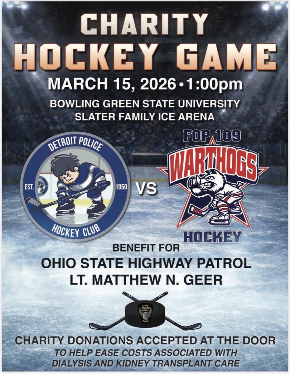 OSHP_NWOhio's tweet photo. 🚔🏒The puck drops in 7 days! Come out and support OSHP Lt. Matthew N. Geer as the FOP 109 Warthogs take on the Detroit Police Hockey Club. It’s going to be a great game—hope to see you there! https://t.co/Fc1Q5TAbG8