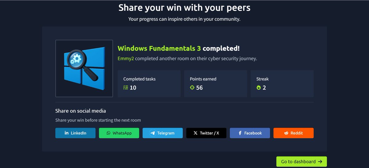 Cybersecurity Streak | Day 21✅

Great session with <a href="/CayaHQ/">CAYA-Come As You Are</a> today on leadership, emotions, imposter syndrome, to mention but a few... An insightful session indeed 

Also completed Windows Fundamentals 1–3 on <a href="/tryhackme/">TryHackMe</a>

<a href="/chovwenofuru/">CHOVE</a> <a href="/cyberjeremiah/">Ezechi Jeremiah</a> <a href="/TechSphereAcad/">Tech Sphere Academy</a> <a href="/TemitopeSobulo/">Temitope Sobulo🛡️</a>