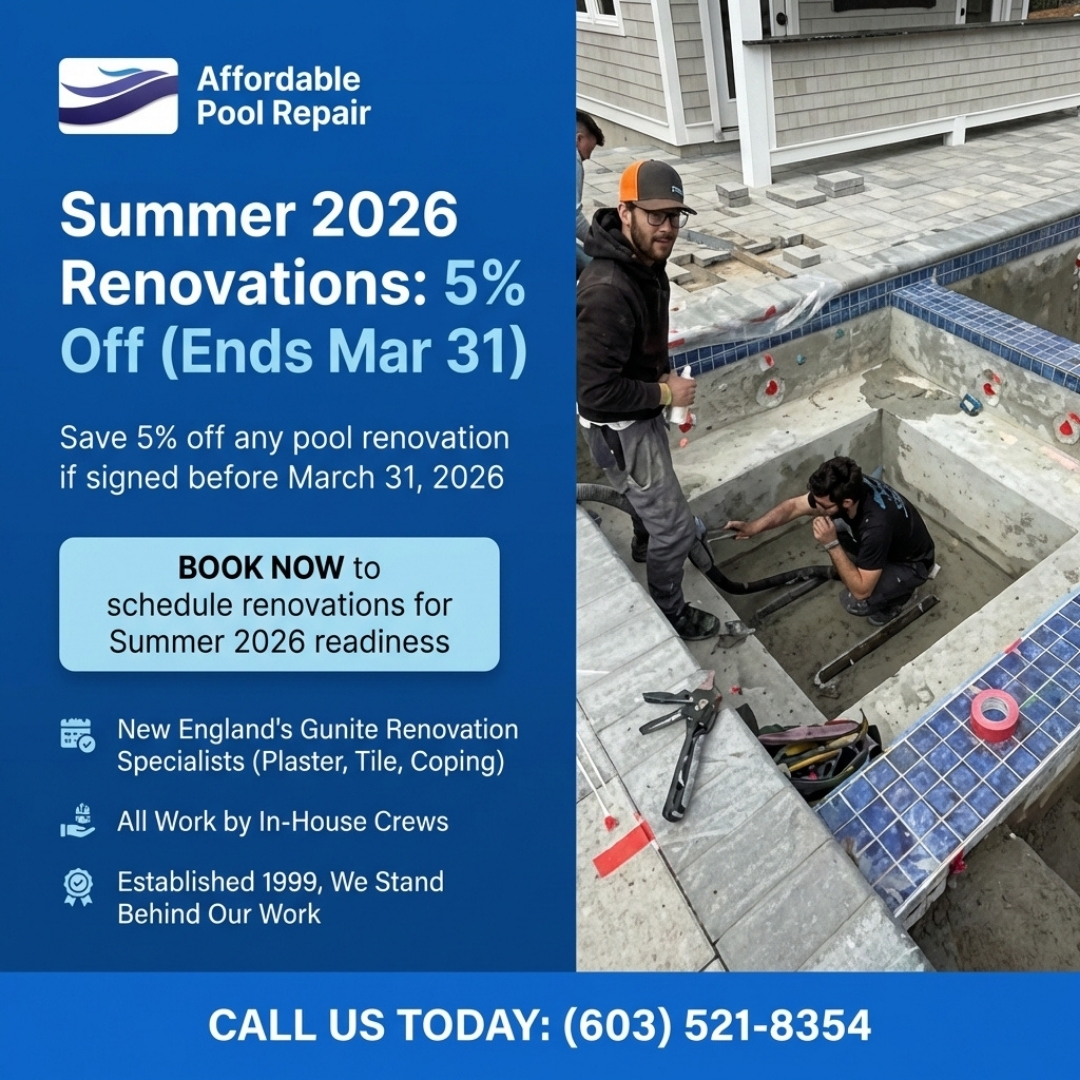 AffPoolsNH1999's tweet image. Save 5% off Any Pool Renovation if Signed up before March 31st 2026—Book Now to Schedule Pool Renovations to have pool ready for summer 2026. #PoolRenovation #GunitePools #PoolPlaster #PoolTile #PoolCoping #NewEnglandHomes #HudsonNH