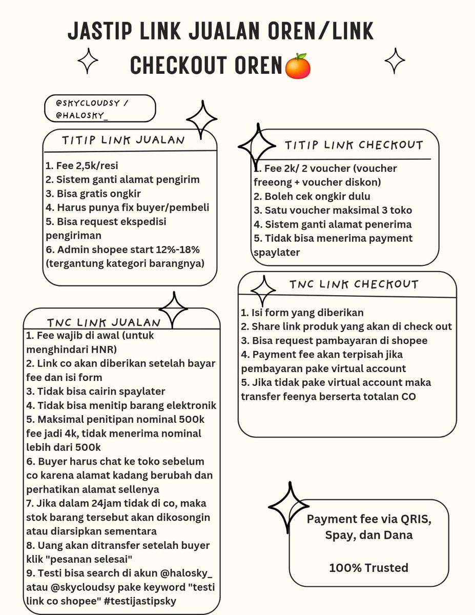 OPEN JASTIP SHOPEE🍊

☆Titip link jualan  2,5k
☆Jasa checkout Shopee 2k/2 voucher (Shopee VIP), udah inc voucher diskon 
☆testi di📌 100% trusted
☆boleh tanya2 dulu
☆bisa booking buat event

 #zonauang #zonaba  jastip link wts wtb voucher freeong gratis ongkir