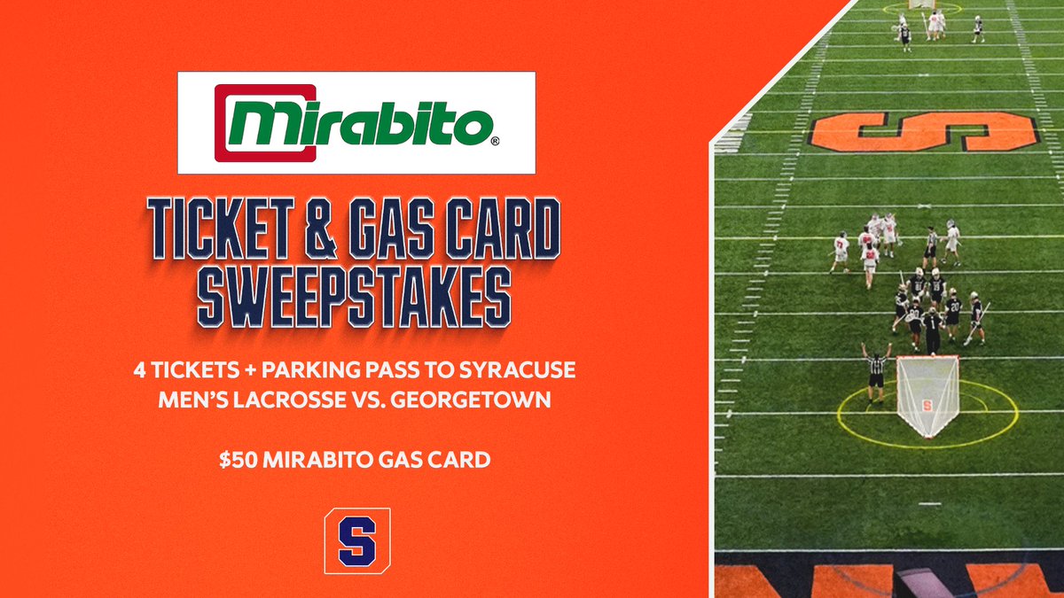 Cuse's tweet photo. Don’t forget to enter for your chance to win four tickets + parking to when @CuseMLAX faces Georgetown on March 22nd AND a $50 Mirabito gas card!
 
Grab some friends and head to the Dome to watch the game, thanks to @Mirabito ⤵️
https://t.co/HPIAicyy9H https://t.co/NUgks0nvyR