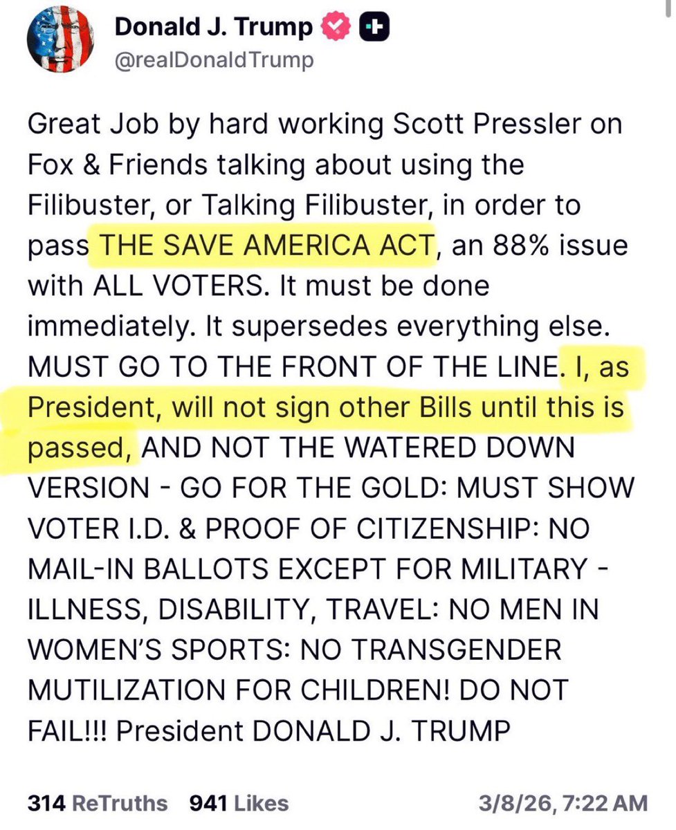 🚨ALERT: 
 Friends, the SAVE AMERICA ACT is our LAST STAND for secure elections! Voter ID, proof of citizenship, NO mass mail-ins (except military/disabled), NO men in women's sports, NO child mutilation! Trump says he'll veto EVERYTHING else until it's passed FULL STRENGTH. 88%