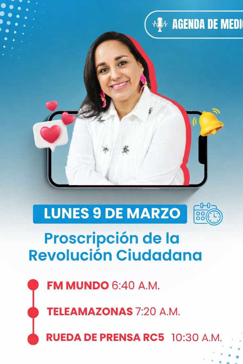 #GabrielaEnMedios 🎙️✨

Cuando intentan silenciar a la principal fuerza política del país, no solo atacan a un movimiento: atacan el derecho de millones de ecuatorianos y ecuatorianas a ser representados.
#EcuadorEnDictadura

📻 FM Mundo – 6:40 A.M.
📺 Teleamazonas – 7:20 A.M.
💙