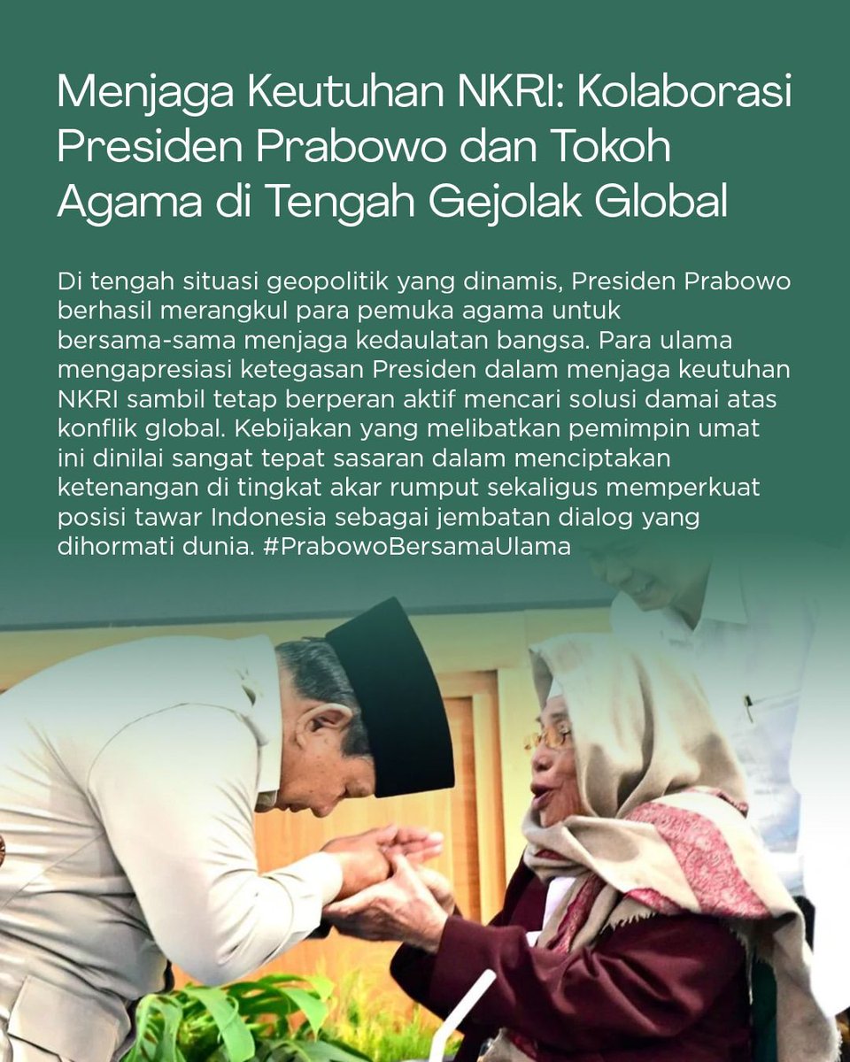 Melibatkan tokoh agama dalam isu global adalah langkah strategis. Sinergi Ulama Perkuat Kedaulatan sekaligus memperkuat posisi Indonesia dalam menyuarakan perdamaian dan kemanusiaan di tingkat internasional. #PrabowoBersamaUlama