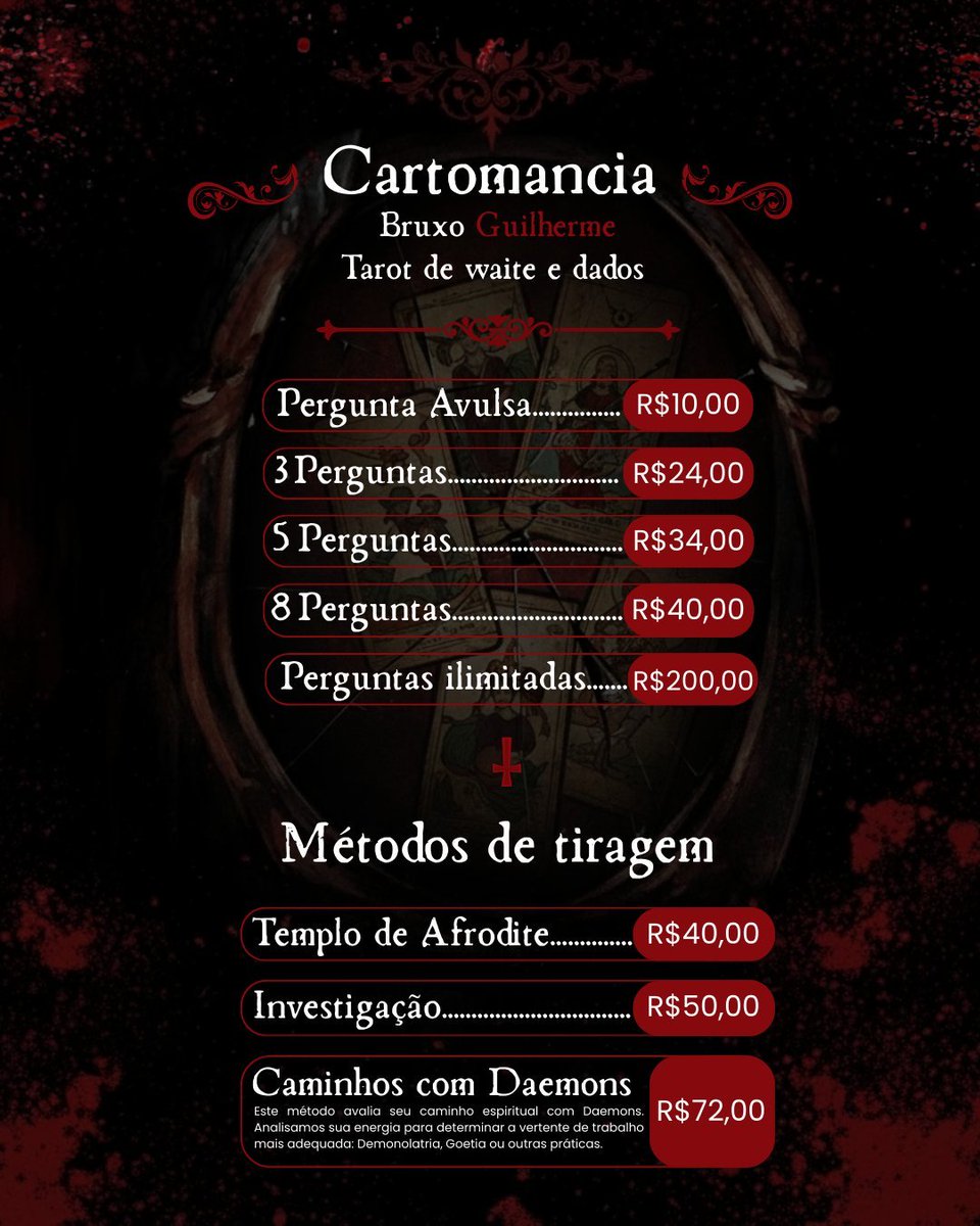 estarei atendendo até as 4 da manhã, mulheres ganham 30% de desconto nas tiragens e nos feitiços.

wa.me/18991561818