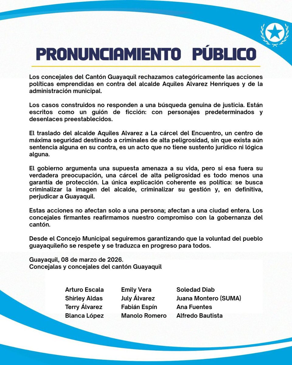 EmilyVeraA_'s tweet photo. No vamos a callar frente a la persecución política.

Lo que hoy ocurre contra el alcalde de Guayaquil, Aquiles Alvarez, no es justicia: es el uso del poder para criminalizar a una autoridad electa.

Hoy es Guayaquil. Mañana puede ser cualquier autoridad del Ecuador.
⬇️⬇️⬇️ https://t.co/E1OKFfuYdx