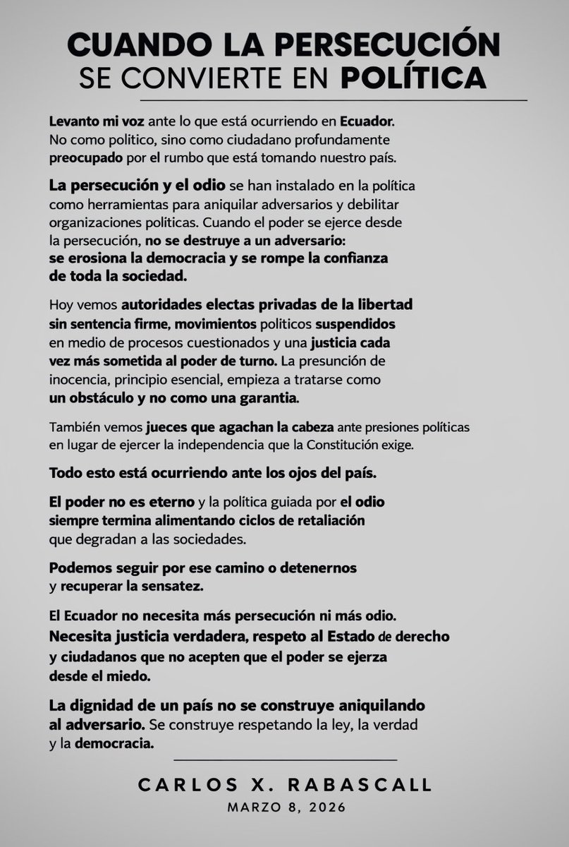 Hay momentos en que el silencio se vuelve complicidad.
Lo que está ocurriendo en Ecuador no puede normalizarse.
Hoy levanto mi voz como ciudadano.