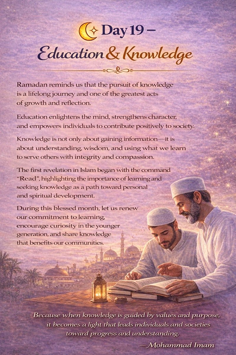 mdimam73's tweet photo. Ramadan reminds us that the pursuit of knowledge is a lifelong responsibility.

The first revelation began with the command “Read.”
A timeless reminder that learning leads to growth, wisdom, and purpose.

Mohammad Imam

#Ramadan #Education #Knowledge #LifelongLearning https://t.co/RAvMwWsTkk