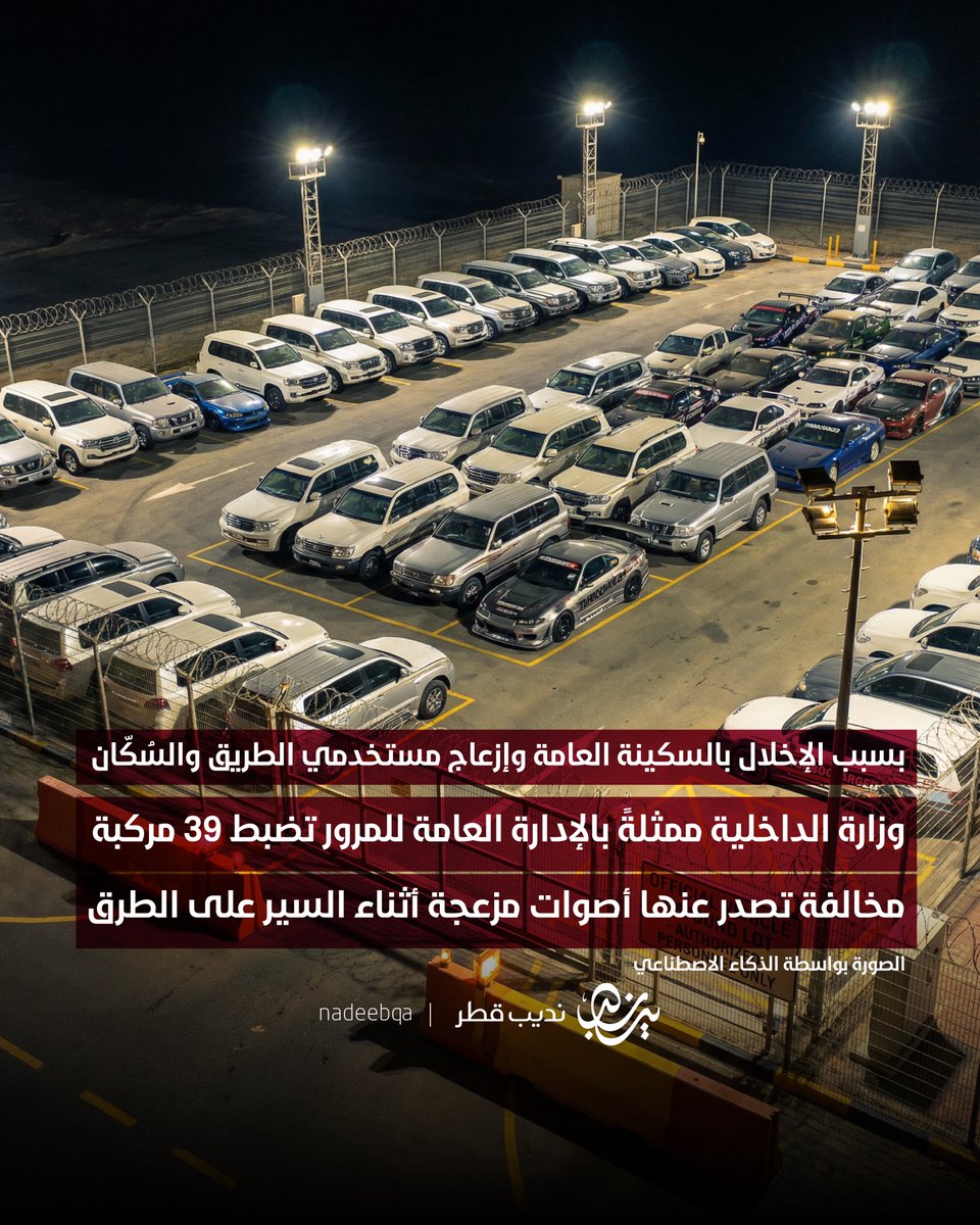 NadeebQa's tweet photo. 🚨| بسبب الإخلال بالسكينة العامة
وإزعاج مستخدمي الطريق والسُكّان

وزارة الداخلية ممثلةً بالإدارة العامة للمرور تضبط 39 مركبة مخالفة تصدر عنها أصوات مزعجة أثناء السير على الطرق وتحيل قائديها إلى الجهات المختصة وفقًا للإجراءات المتبعة في هذا الشأن

@MOI_Qatar | #نديب_قطر | #قطر 🇶🇦 https://t.co/1gmupxlHLx