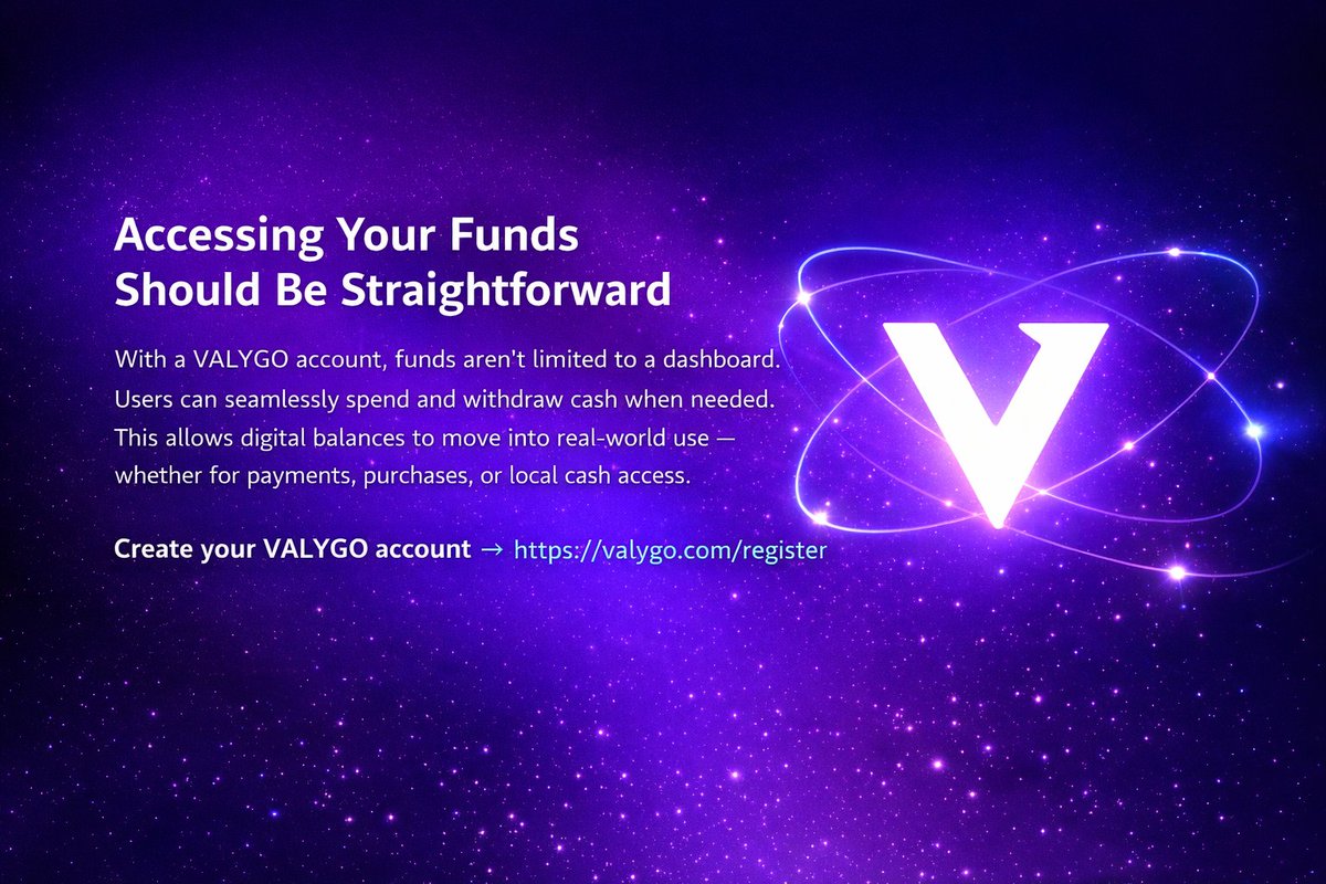 VALYGO_COM's tweet photo. Accessing Your Funds Should Be Straightforward

With a VALYGO account, funds aren’t limited to a dashboard.

Users can spend using virtual or physical cards for everyday transactions and withdraw cash through supported ATM networks when needed.

This allows digital balances to move into real-world use — whether for payments, purchases, or local cash access.

Create your VALYGO account → https://t.co/SFqRuotlg6

#VALYGO #VYO #Fintech #Crypto #Binance #payment #BNB #Web3Community #CryptoCommunity #Trending