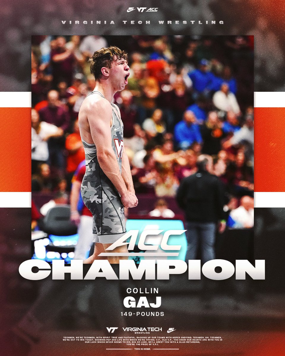 HokiesWrestling's tweet photo. 𝑪𝒐𝒍𝒍𝒊𝒏 𝑮𝒂𝒋 𝟏𝟒𝟗-𝑷𝒐𝒖𝒏𝒅 𝑨𝑪𝑪 𝑪𝒉𝒂𝒎𝒑𝒊𝒐𝒏

Don’t ever count this guy out. The 149 ACC crown stays in Blacksburg and it’s worn by Collin Gaj.

#ALLINALLTHETIME #Hokies 🦃 https://t.co/uKk1OfPxMk