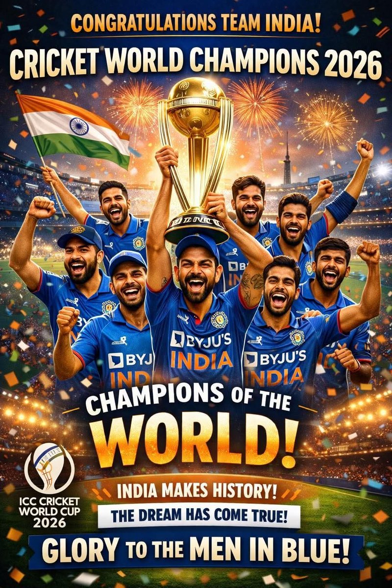 न्यूजीलैंड को हराकर 
टी-20 वर्ल्ड कप जीतकर भारत तीन बार टी-20 वर्ल्ड कप जीतने वाली पहली टीम बन गया है। इस शानदार उपलब्धि पर टीम इंडिया को बहुत बहुत बधाई एवं हार्दिक मंगलकामनाएं।
यह जीत हर भारतीय के दिल में गर्व भरने वाला पल है। सभी देशवासियों को बहुत बहुत बधाई तथा टीम इंडिया और