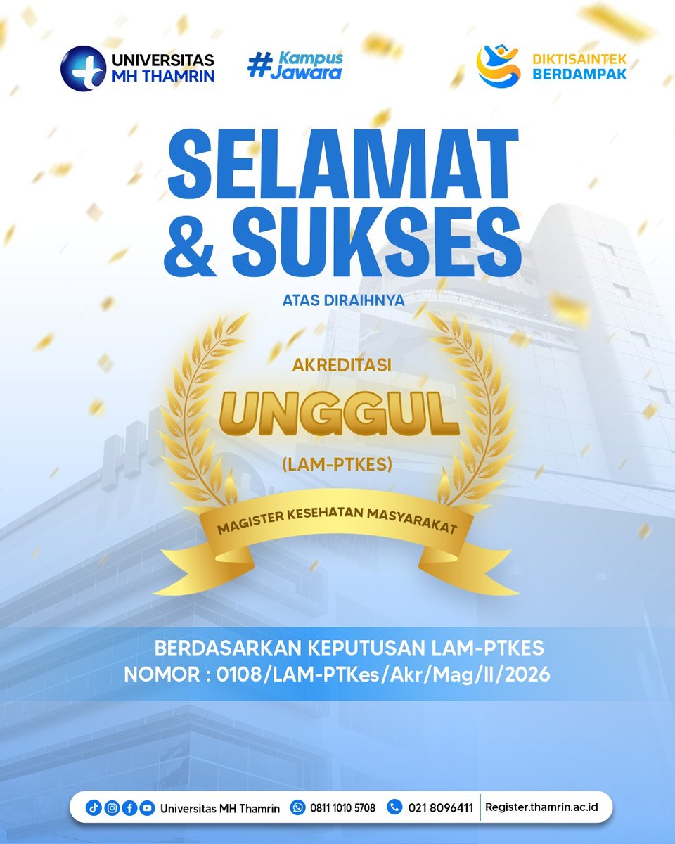 🏆 Another milestone unlocked!

Program Magister Kesehatan Masyarakat Universitas MH Thamrin resmi meraih AKREDITASI UNGGUL dari LAM-PTKes.

Ini bukti kualitas, dedikasi, dan komitmen untuk mencetak pemimpin masa depan di bidang kesehatan masyarakat. 

#AkreditasiUnggul
#UMHTMKM